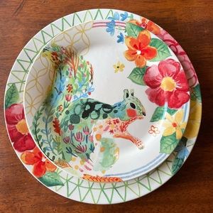 Pier 1 NEW spring Easter squirrel ironstone floral salad & dinner plate